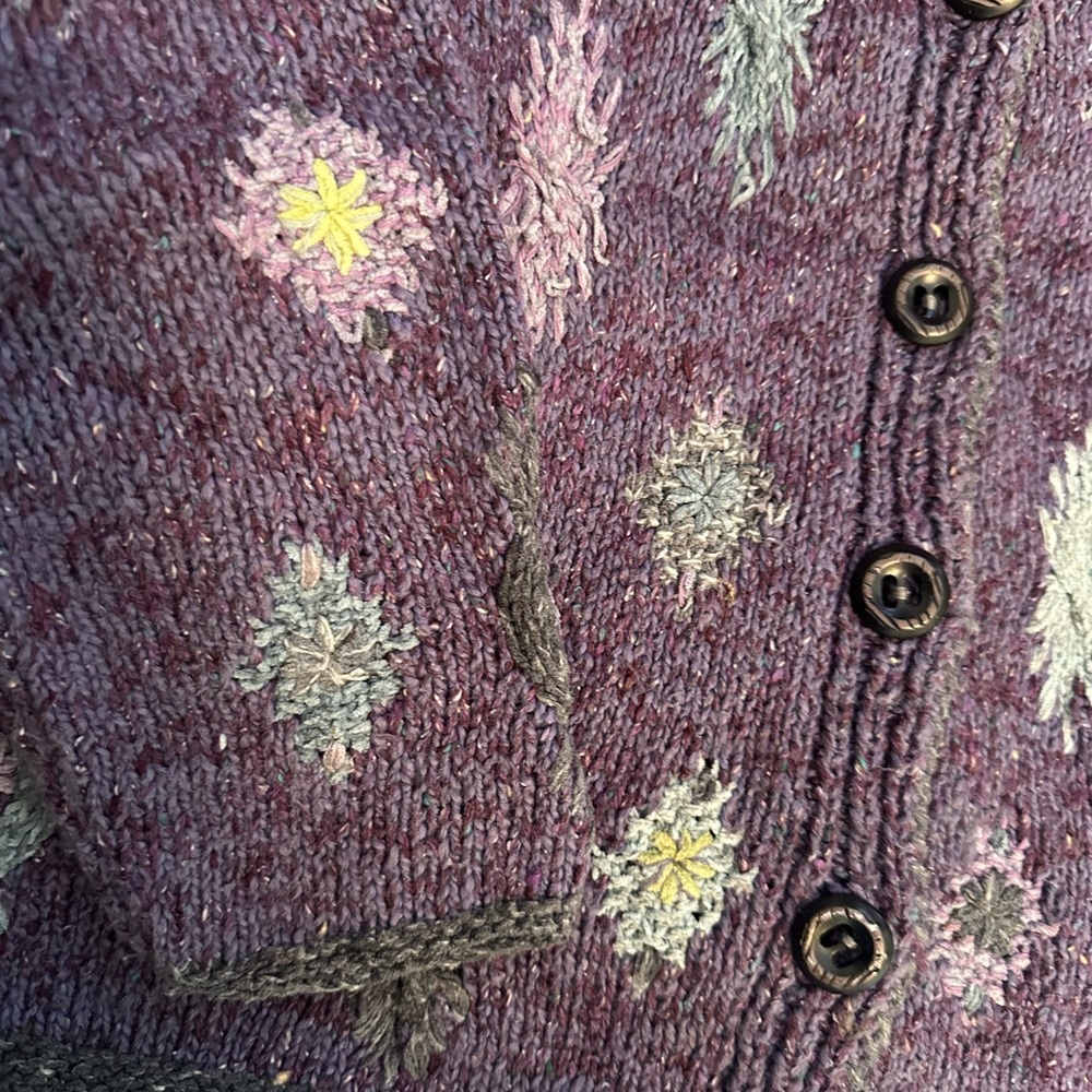 Sigrid Olsen Purple Knit V-Neck Button Front Cardigan with Multicolor Embroidery - Picture 3 of 8